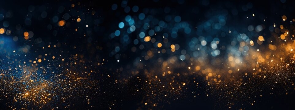 Christmas Holiday Gold blue lights glitter abstract background. New year golden navy abstract bokeh shine texture. Glittering bokeh circular gold on blue background