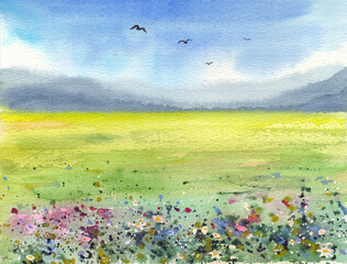 Sunny landscape with a flower meadow and blue distance. Watercolor drawing.