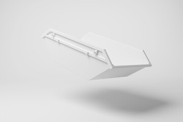 White construction skip floating in mid air on white background in monochrome and minimalism. Illustration of the concept of construction debris and demolition waste