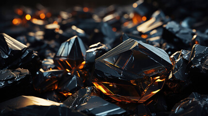 Dark, shiny rocks setting off black and gold crystal formations. - obrazy, fototapety, plakaty