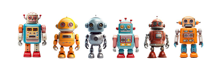 Collection set of vintage robots toys, miniature figurines isolated on panoramic transparent background, png file - obrazy, fototapety, plakaty