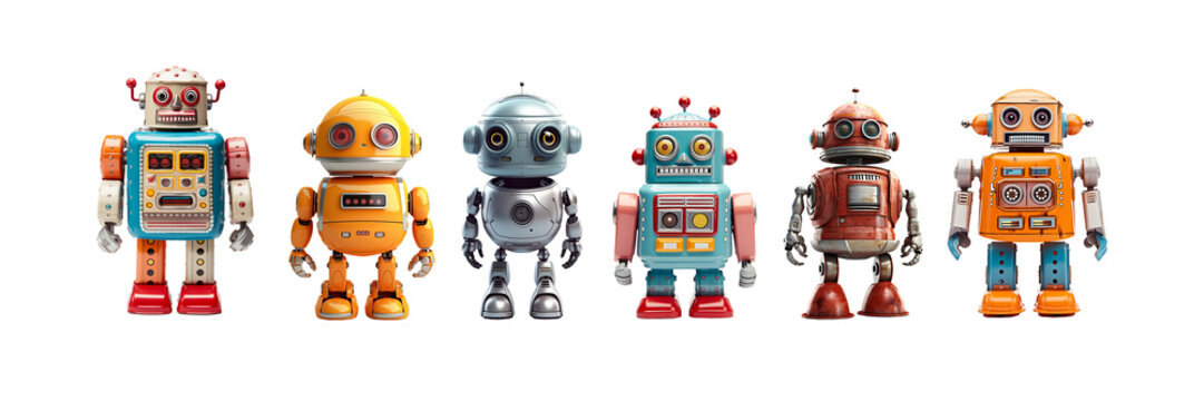 Collection set of vintage robots toys, miniature figurines isolated on panoramic transparent background, png file