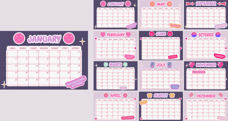 2024 year calendar template. Business, personal planner. 12 month pages. A week starts on Monday. Vector cartoon style  with stickers and motivational quotes