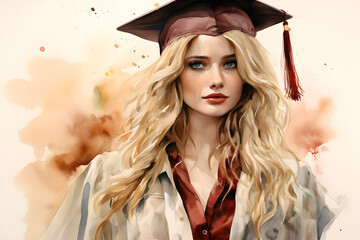 Blondie girl student graduation in watercolor painting style