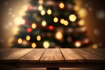 Wooden empty table mockup template with christmas bokeh lights background
