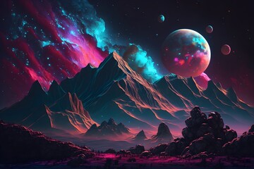 Abstract cosmic fantasy background with planets, mountains, neo light - obrazy, fototapety, plakaty