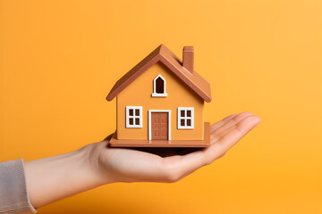 Hand with miniature house model on yellow background