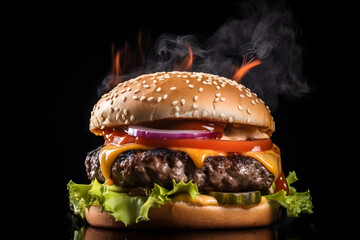 Tasty fast food burger dark background