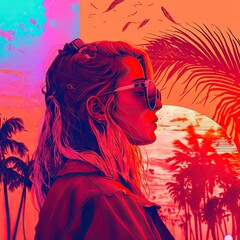 Beautiful girl in sunglasses on a background of palm trees and sunset