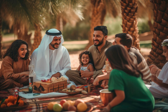 Desert Oasis Picnic: A Picturesque Snapshot of a Arab Family Enjoying Picnics in an Arid Landscape, Surrounded by Palms, Creating a Oasis Retreat in an Arabian Atmosphere.

