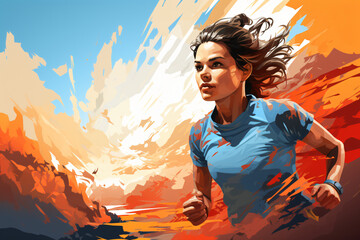 Obraz na płótnie Canvas Artistic rendering of woman running against fiery sky
