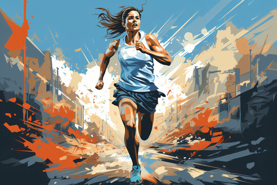 Graphic of female athlete sprinting with urban backdrop