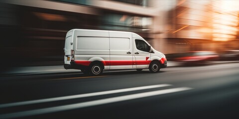 A Streamlined White Delivery Van Navigates Urban Roads with Expedient Precision, Symbolizing Efficient Cargo Transport and On-the-Go Logistic Excellence