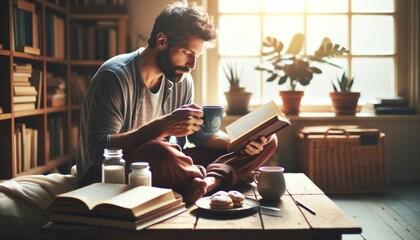 Man Enjoys Morning Coffee in a Cozy, Sunlit Reading Nook - obrazy, fototapety, plakaty