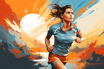 Female runner in dynamic abstract composition at sunset - obrazy, fototapety, plakaty