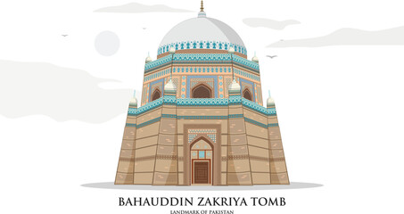 Tomb of Shah Rukn-e-Alam, Multan, Pakistan, detailed illustration isolated on white background