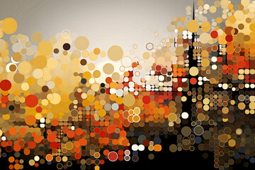 Abstract cityscape with golden circles over dark background