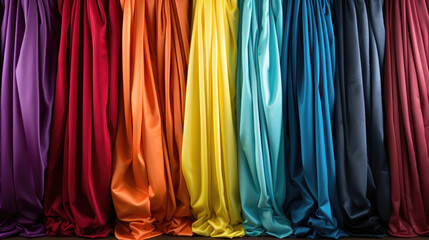 Colorful rainbow curtains against a backdrop.