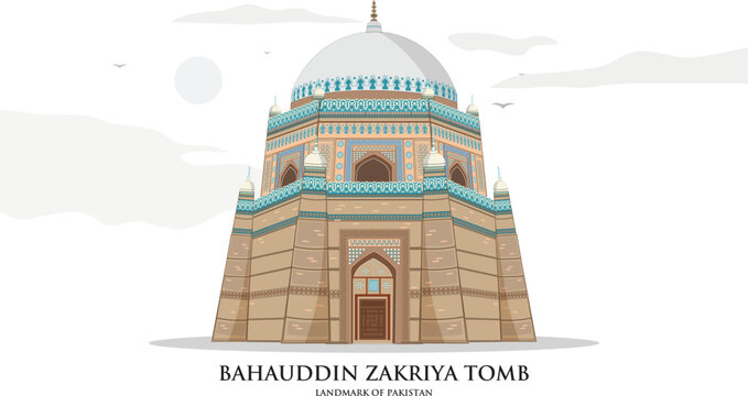 Tomb of Shah Rukn-e-Alam, Multan, Pakistan, detailed illustration isolated on white background