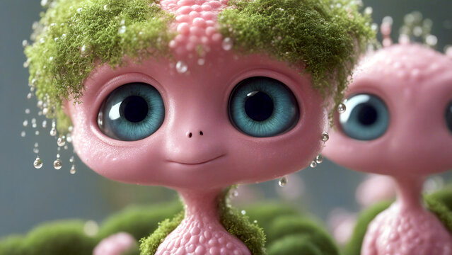 Süße Baby - Kreatur mit riesigen Augen. Rosa Haut. Moos auf dem Kopf. Kindchenschema