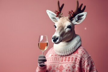 Portrait of a cute Christmas reindeer in a sweater with a champagne glass on a pink background with copy space.