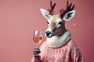 Plexiglas foto achterwand Portrait of a cute Christmas reindeer in a sweater with a champagne glass on a pink background with copy space. © Владимир Солдатов