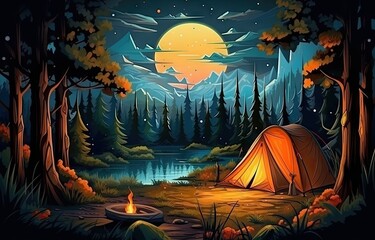 camping in the forest with tent and fire Generative AI