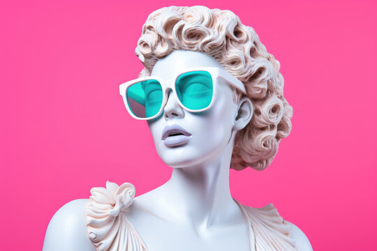 Portrait of a white sculpture of Aphrodite wearing blue glasses on a bright pink background.