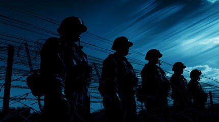 Silhouetted against the evening sky, a line of soldiers embodies the silent strength and resolve of those who serve. Copyspace for solemn reflection