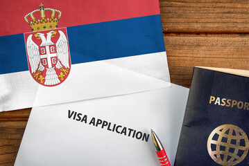 Visa application form, passport and flag of Serbia