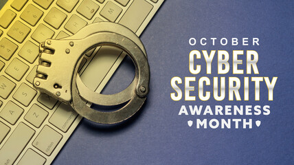 Cyber Security awareness month of October banner with digital computer and handcuff