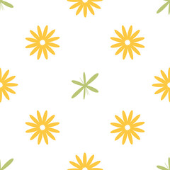 Fototapeta na wymiar A simple floral white background, yellow daisies and green leaves seamless pattern