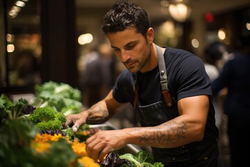 Male chef in apron carefully choosing fresh vegetables at a market stall, focused and professional - obrazy, fototapety, plakaty