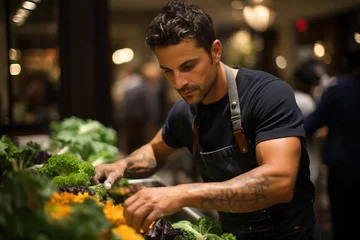 Gordijnen Male chef in apron carefully choosing fresh vegetables at a market stall, focused and professional © artem