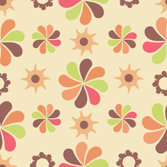 A colorful retro pattern, a pastel-colored floral background in a vintage style, a playful seamless pattern  