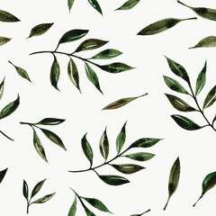 A botanical background with green leaves and branches, a seamless pattern with hand-painted watercolor leaves