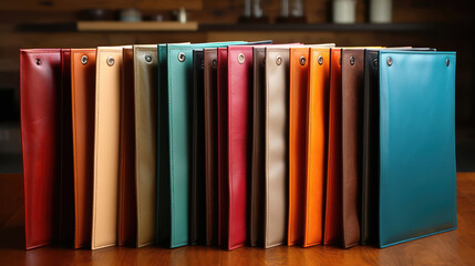 Vibrant leather folders displayed on a wooden countertop. - obrazy, fototapety, plakaty