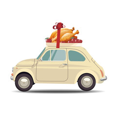A cooked turkey with a bow is being carried on the roof of a car. Thanksgiving Day. EPS 10