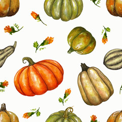 A seamless pattern with watercolor pumpkins and blossoms, a hand-painted autumn pattern in vibrant colors