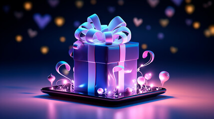 Regalo render 3d brillante - Cinta regalo morado obsequio modelado - notificacion telefono pantalla - obrazy, fototapety, plakaty