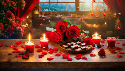 Valentine's celebration arrangement Red roses, scattered petals, candles, and heart-shaped chocolates enhance a wooden table.