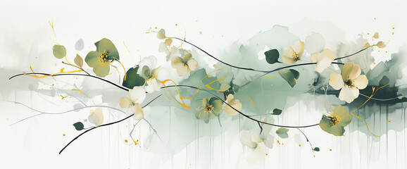 Flores pintura ilustración abstracta pétalos flor - Fondo acuarela - Dorado oro - Verde - obrazy, fototapety, plakaty
