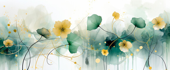 Flores pintura ilustración abstracta pétalos flor - Fondo acuarela - Dorado oro - Verde - obrazy, fototapety, plakaty