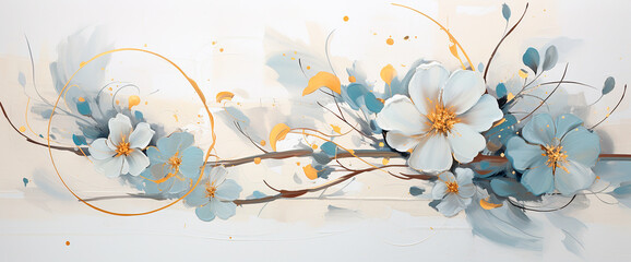 Flores pintura ilustración abstracta pétalos flor - Fondo acuarela - Dorado oro - Azul - obrazy, fototapety, plakaty