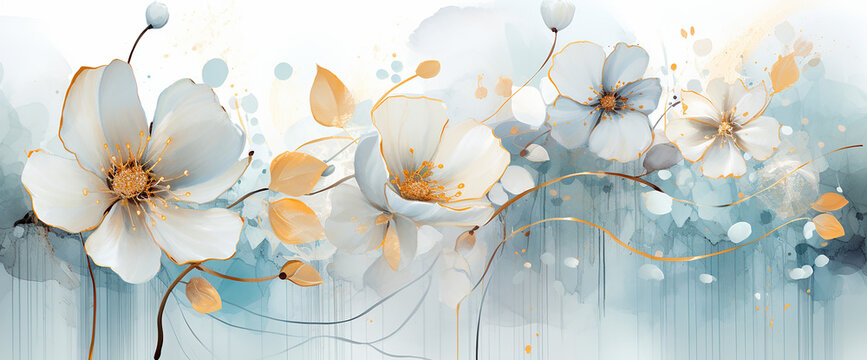 Flores pintura ilustraci&oacute;n abstracta p&eacute;talos flor - Fondo acuarela - Dorado oro - Azul