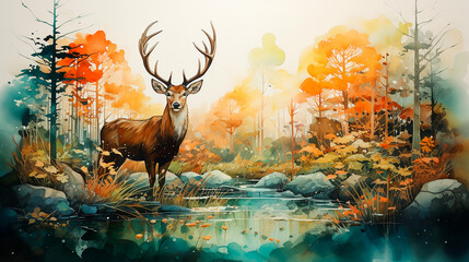 Pintura naturaleza - Paisaje acuarela rio y arce - arbol bosque mamifero - obrazy, fototapety, plakaty