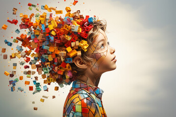 ADHD, attention deficit hyperactivity disorder, autism, mental health, head of a child with colorful jigsaw or puzzle pieces  - obrazy, fototapety, plakaty