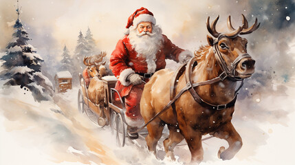Papa noel ilustracion - Navidad santa klaus - Nieve ciervo pinos - obrazy, fototapety, plakaty