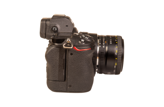 Side view of digital mirrorless camera isolated with no background png