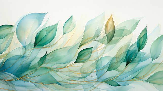 Hojas acuarela ilustración liquida - Dorado hojas plantas ramas pintura abstracto - Verde y oro